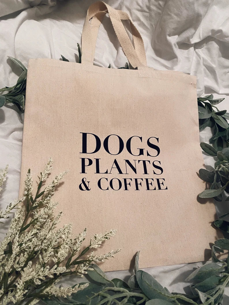 Dogs Plants & Coffee Tote Bag, Canvas Bag, Cute Book Bag, Book Lover Gift, Coffee Lover, Dog Mom Booktok, School Bag, Shoulder Bag