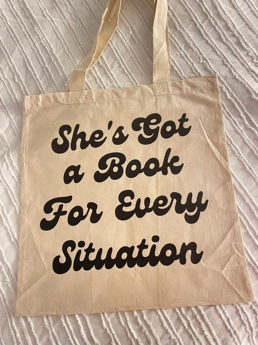 She’s Got a Book for Every Situation Tote Bag, Canvas Bag, Cute Book Bag, Book Lover Gift, Booktok, School Bag, Shoulder Bag